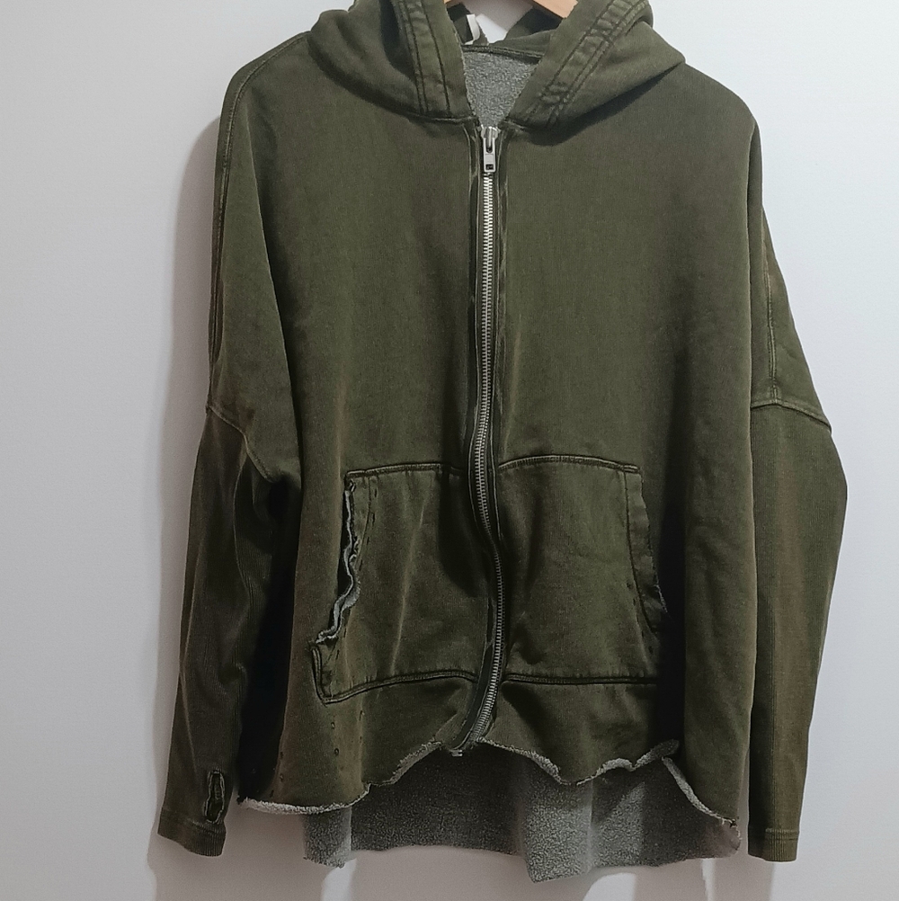 Free People Olive Green Hooded Zip-Up Jacket